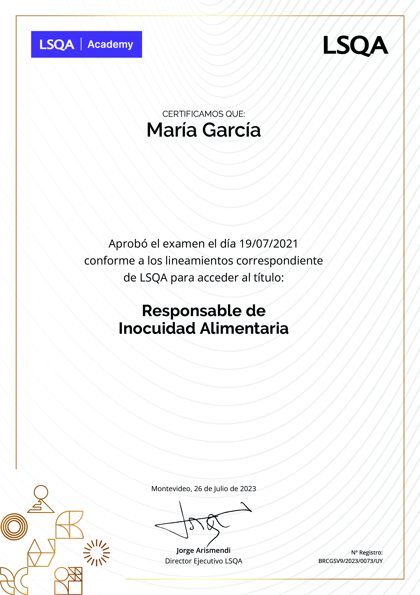 Certificado de aprobación del examen del Programa Responsable de Inocuidad Alimentaria emitido por LSQA