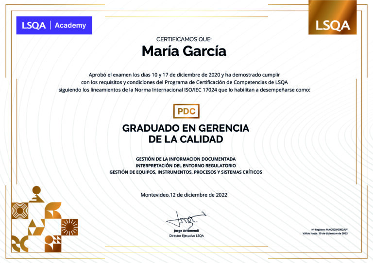 Certificado de Competencias como Graduado en Gerencia de Calidad emitido por LSQA