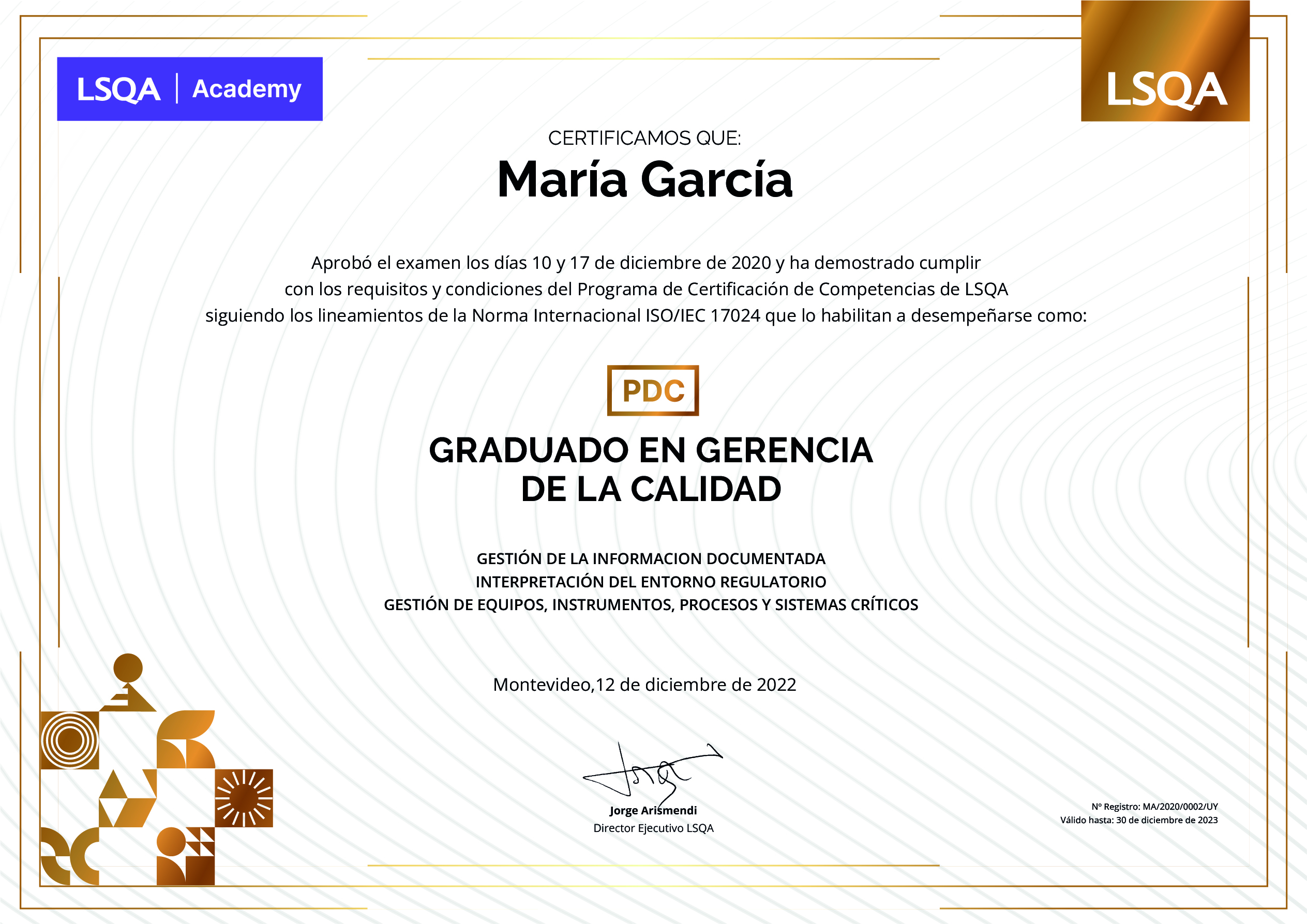 Certificado de Competencias como Graduado en Gerencia de Calidad emitido por LSQA