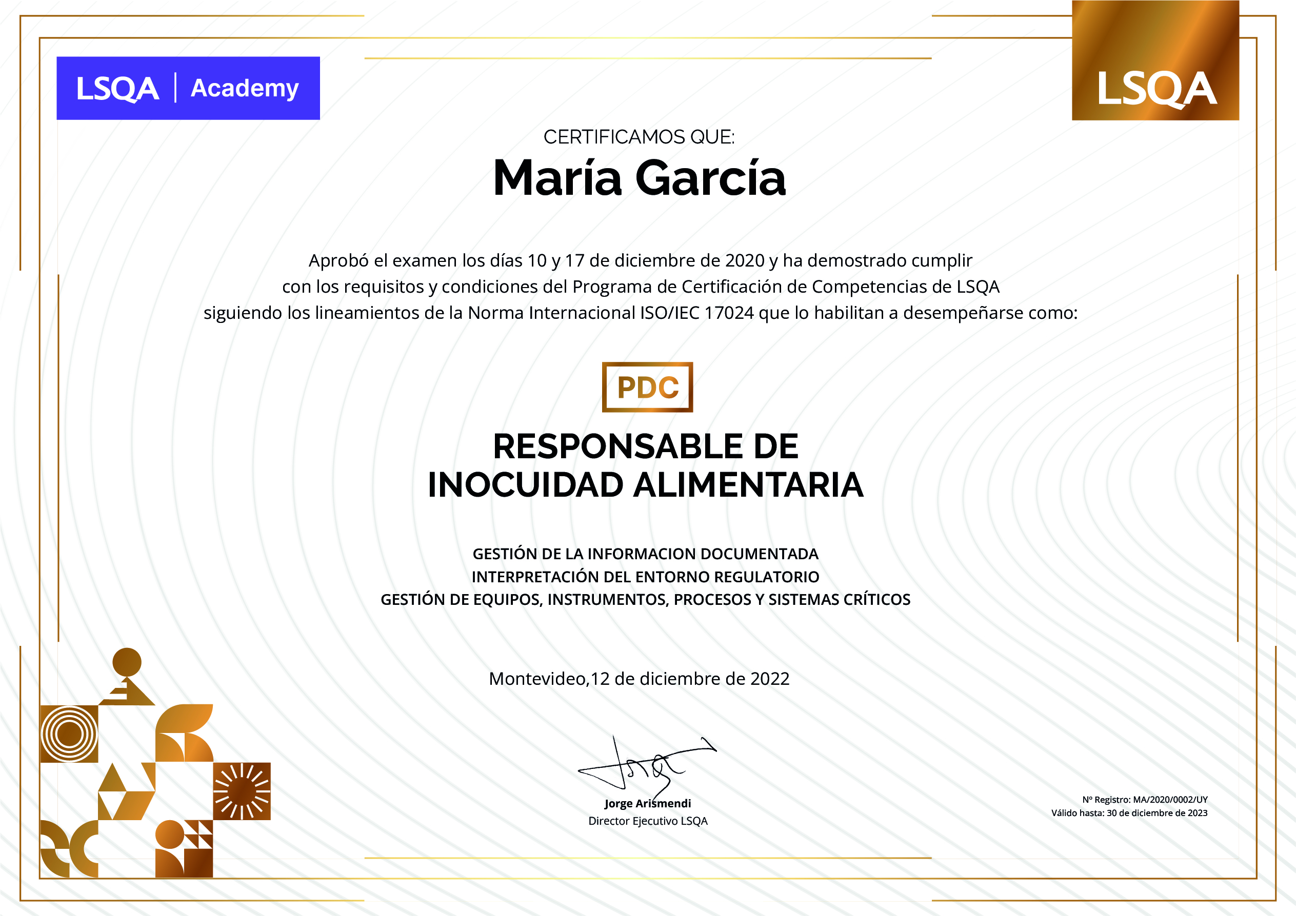 Certificado de Competencias como Responsable de Inocuidad Alimentaria  emitido por LSQA