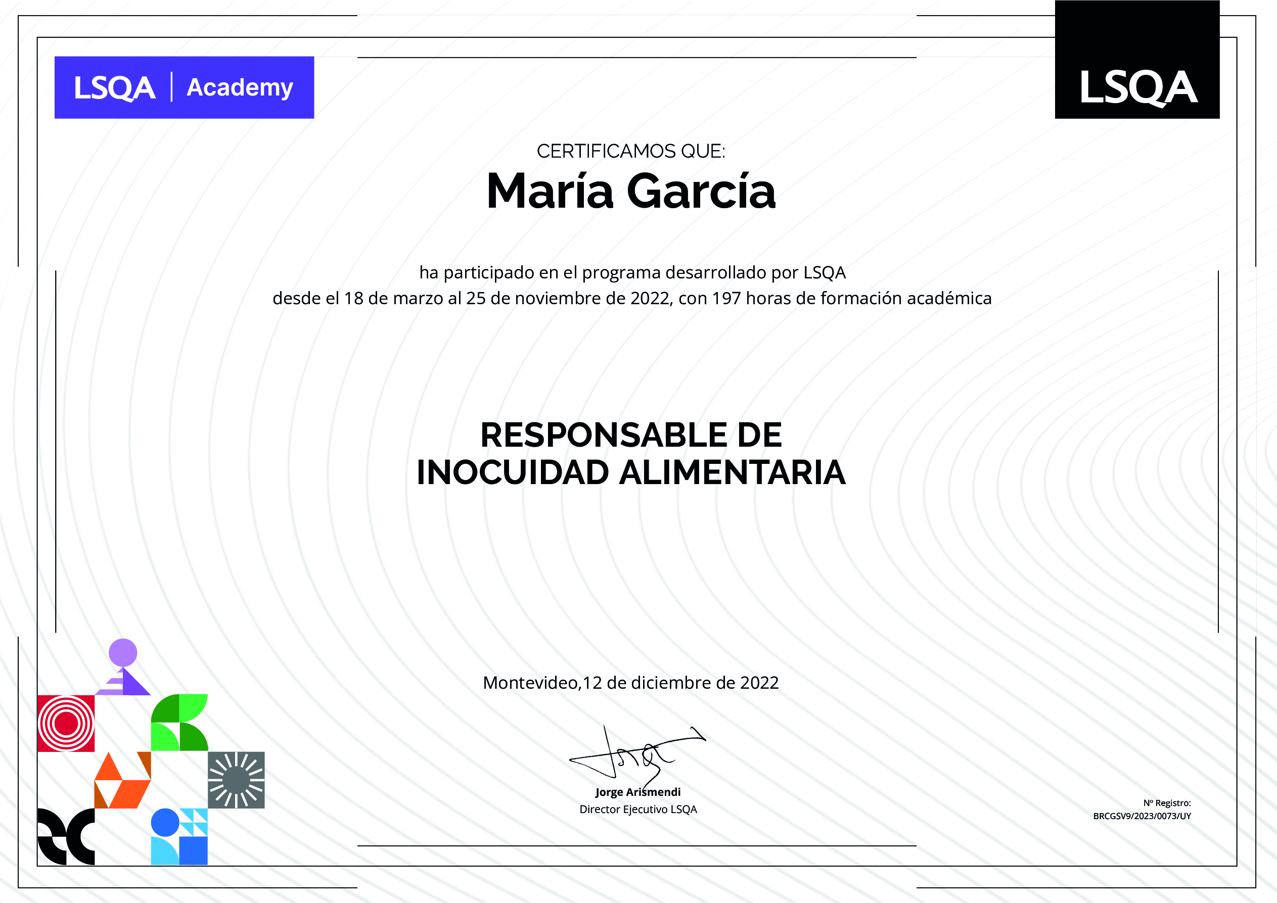 Certificado de asistencia al Programa de Responsable de Inocuidad Alimentaria emitido por LSQA