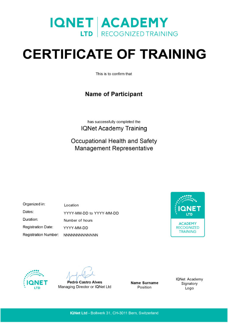 Certificado internacional de asistencia al Programa Responsable y Graduado en Gerencia de SST emitido por IQNet Academy