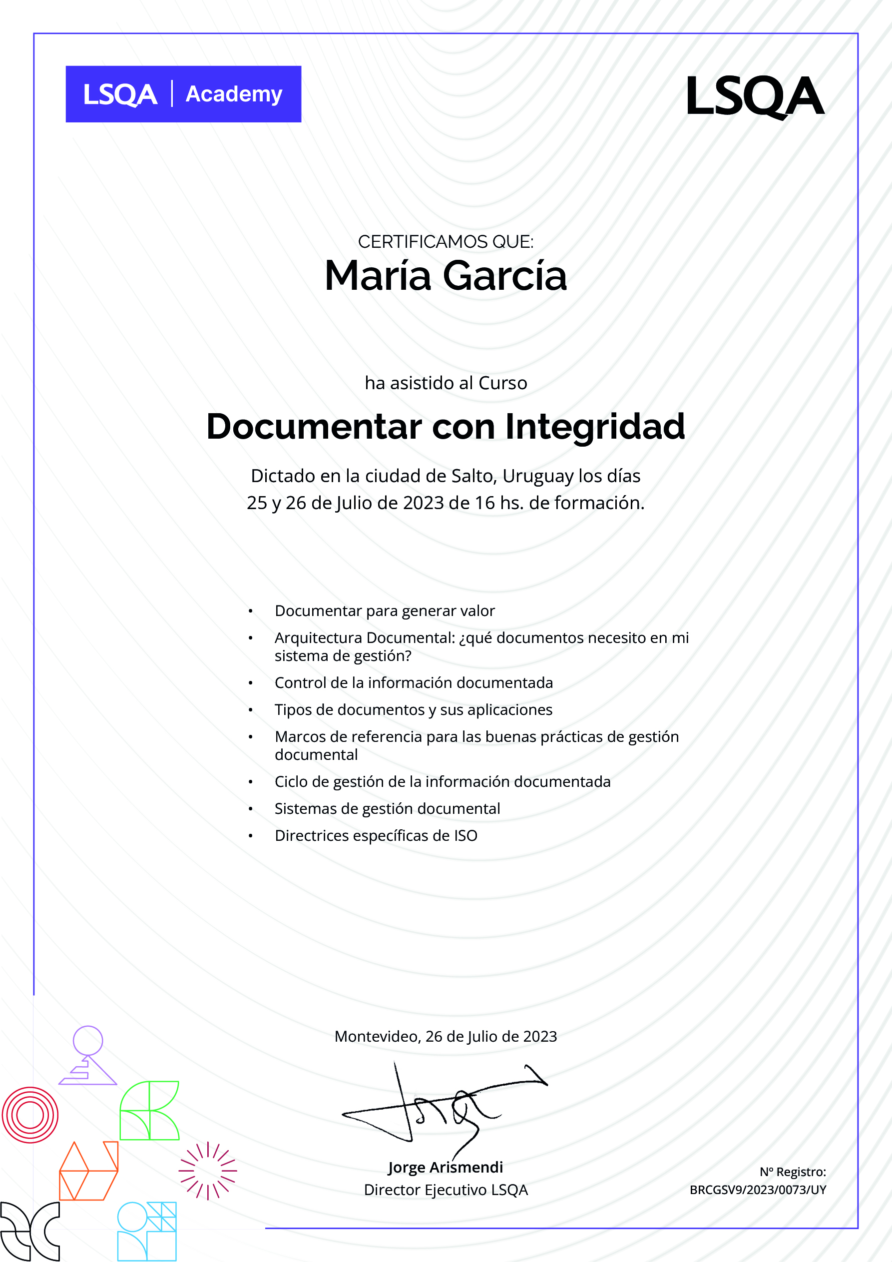 Certificado de asistencia para los cursos del programa emitido por LSQA