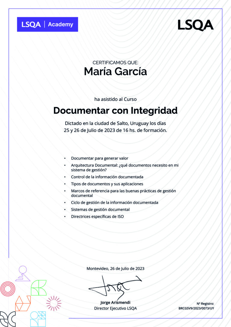 Certificado de asistencia para los cursos del programa emitido por LSQA