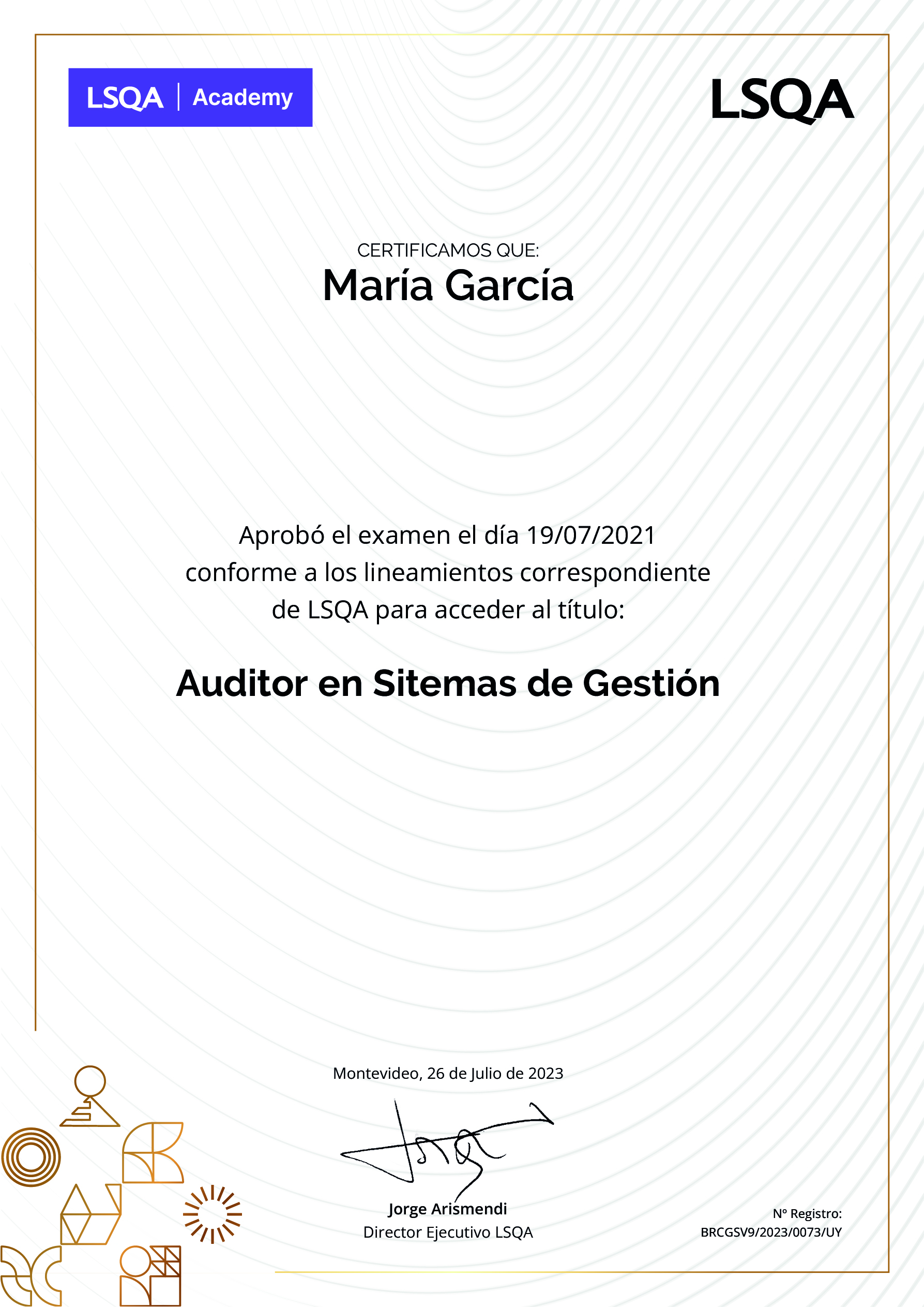 Certificado de aprobación del examen del Programa Auditor Líder en Sistemas de Gestión emitido por LSQA