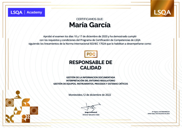 Certificado de Competencias como Responsable de Calidad emitido por LSQA