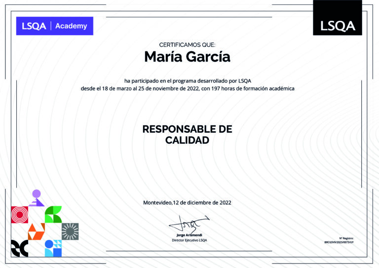 Certificado de asistencia al Programa Responsable de Calidad emitido por LSQA