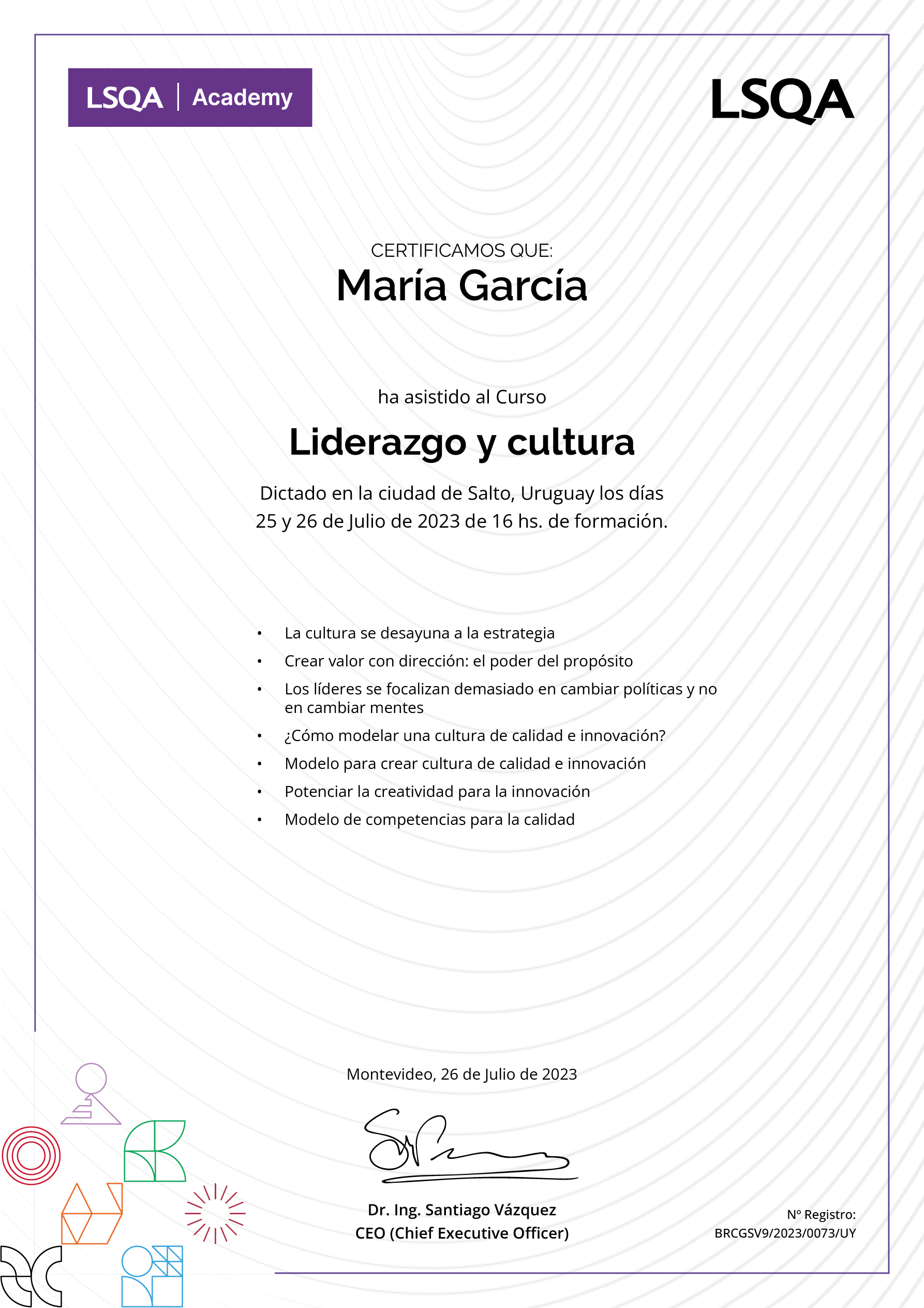 Certificado de asistencia para los cursos del programa emitido por LSQA