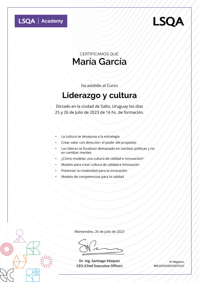 Certificado de asistencia para los cursos del programa emitido por LSQA