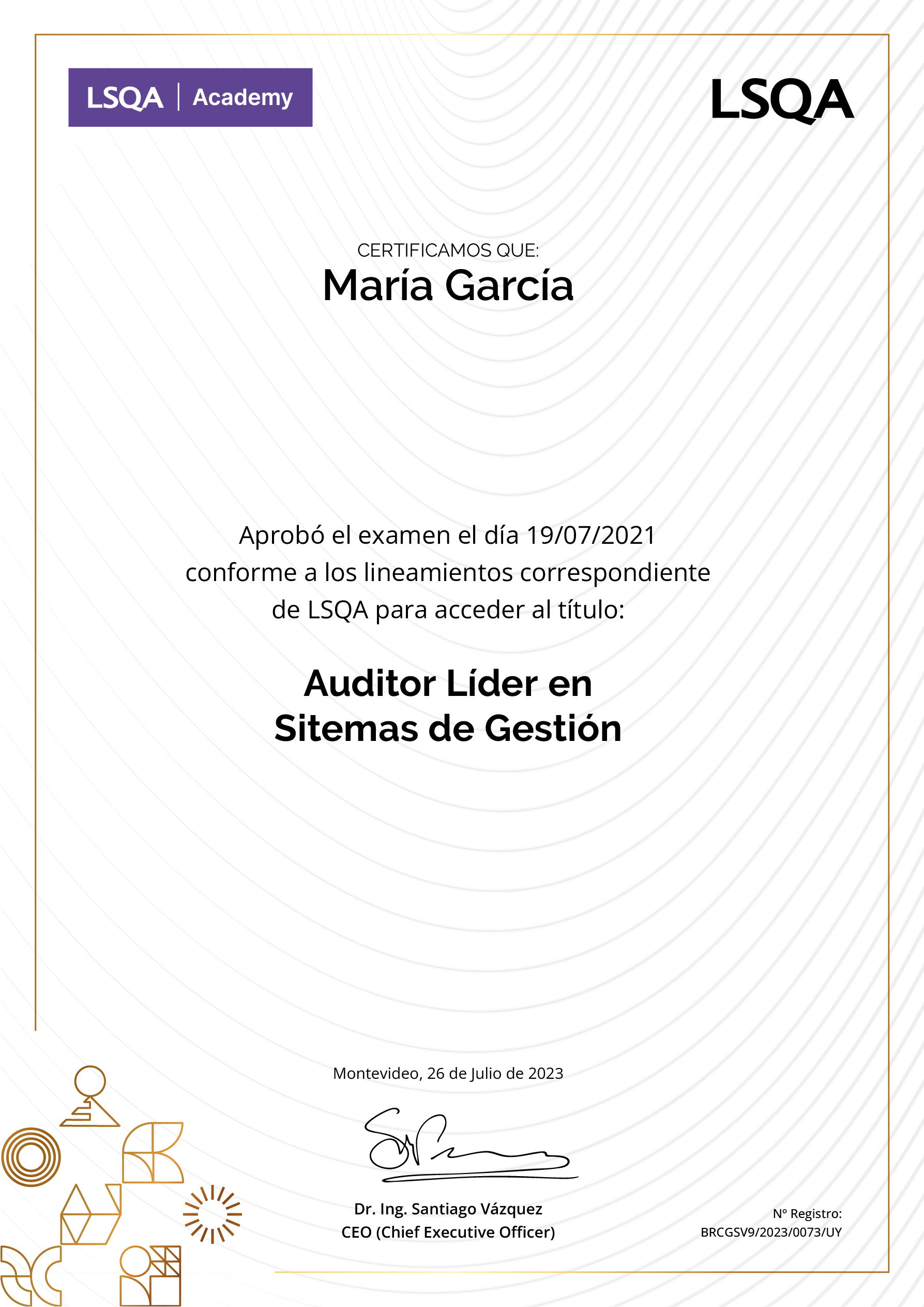 Certificado de aprobación del examen del Programa Auditor Líder en Sistemas de Gestión emitido por LSQA