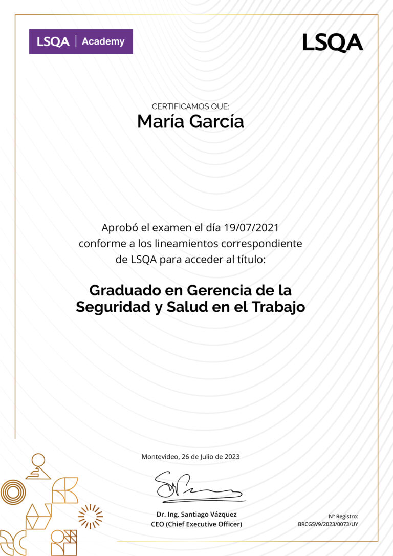 Certificado de aprobación del examen del Programa Graduado en Gerencia de de la SST emitido por LSQA