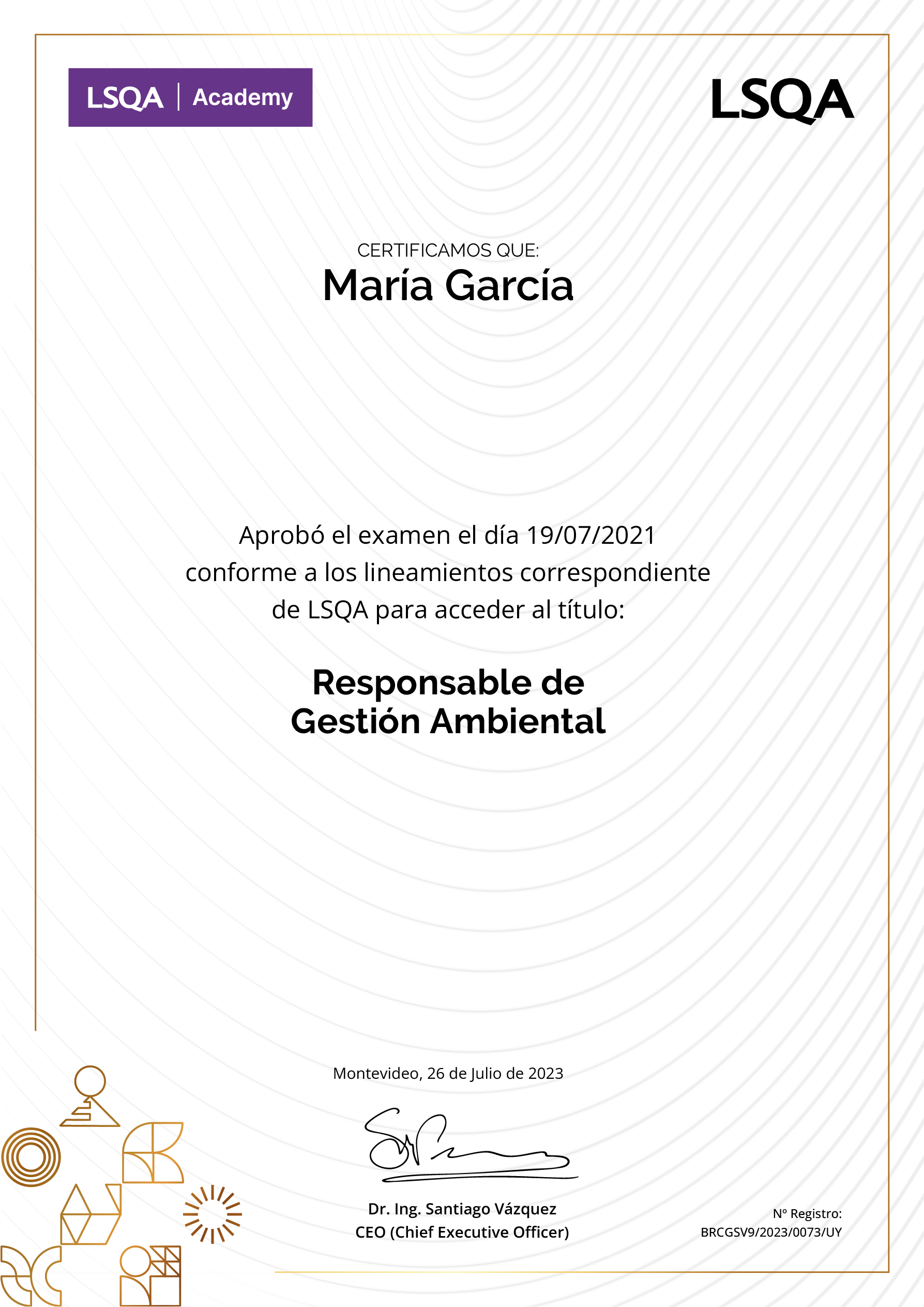 Certificado de aprobación del examen del Programa Responsable de Gestión Ambiental emitido por LSQA