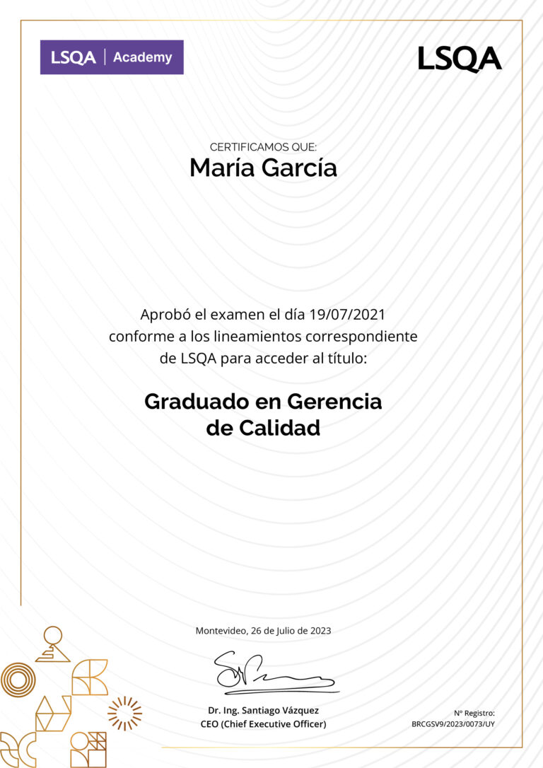 Certificado de aprobación del examen del Programa Graduado en Gerencia de Calidad emitido por LSQA