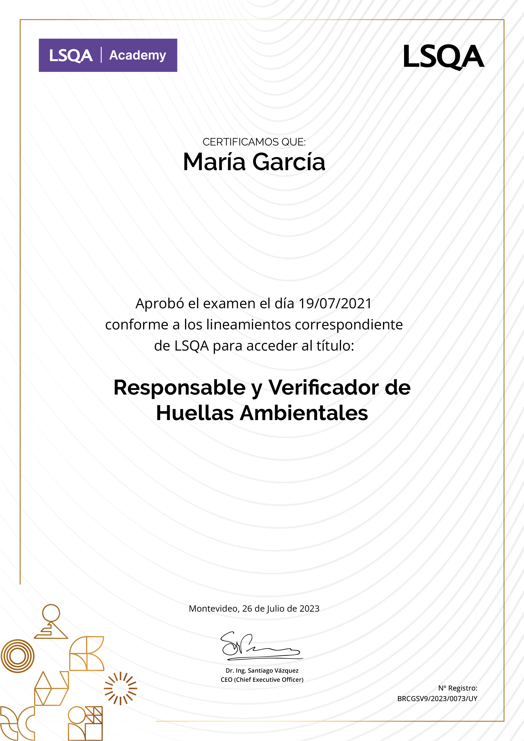 Certificado de aprobación del examen del Programa de Gestión de Huellas Ambientales y formación de Verificadores de Huellas Ambientales emitido por LSQA