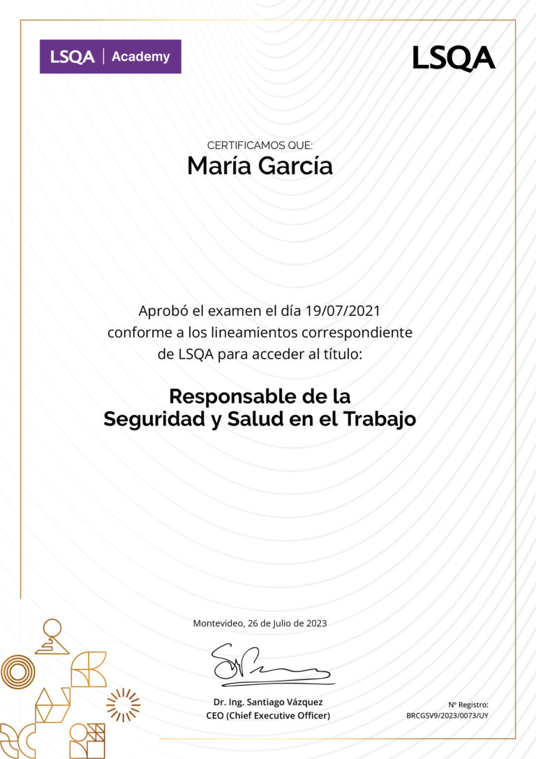 Certificado de aprobación del examen del Programa Responsable de la SST emitido por LSQA