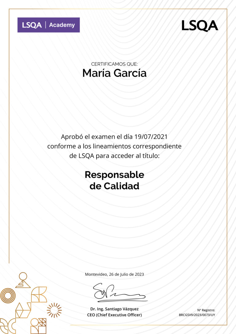 Certificado de aprobación del examen del Programa Responsable de Calidad emitido por LSQA