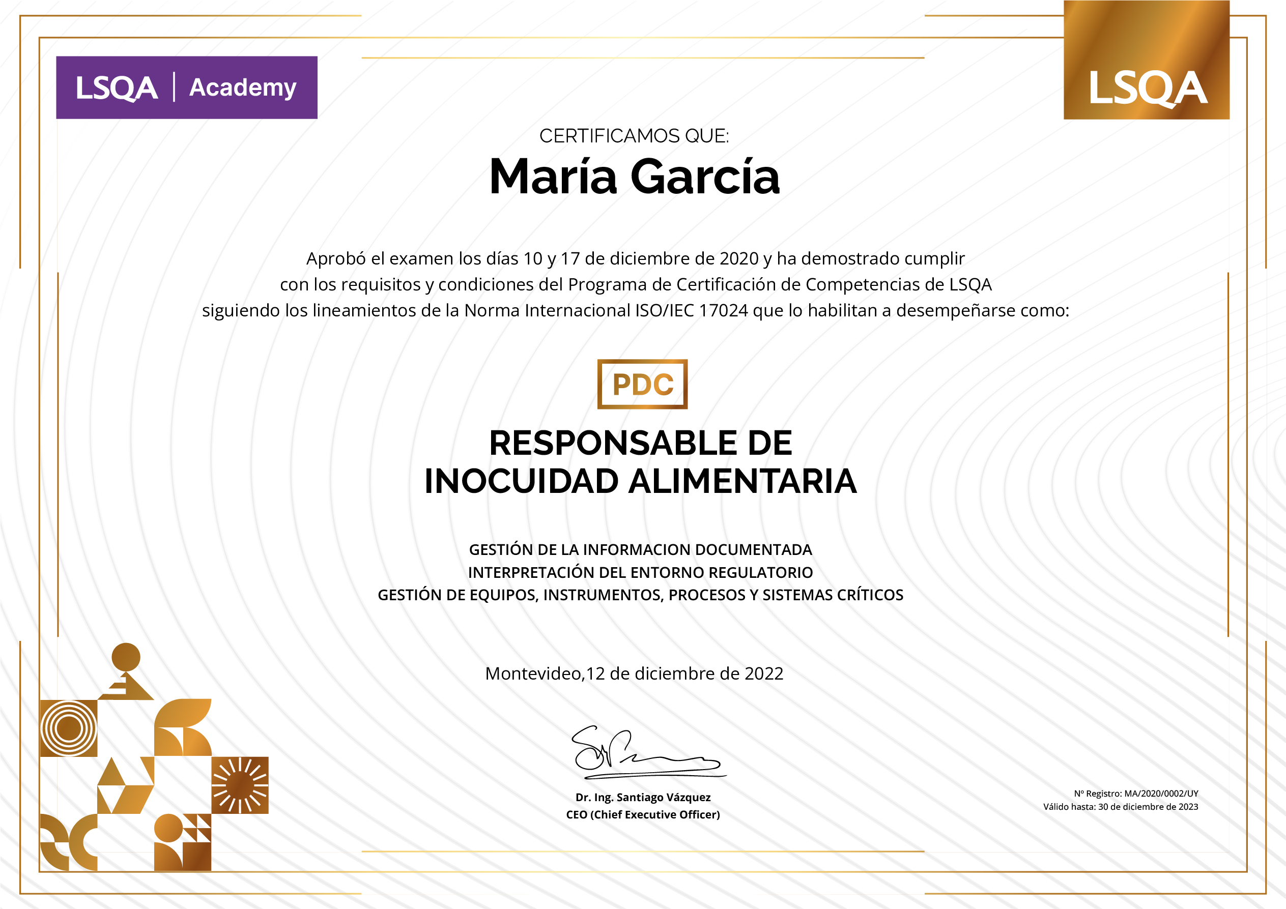Certificado de Competencias como Responsable de Inocuidad Alimentaria  emitido por LSQA