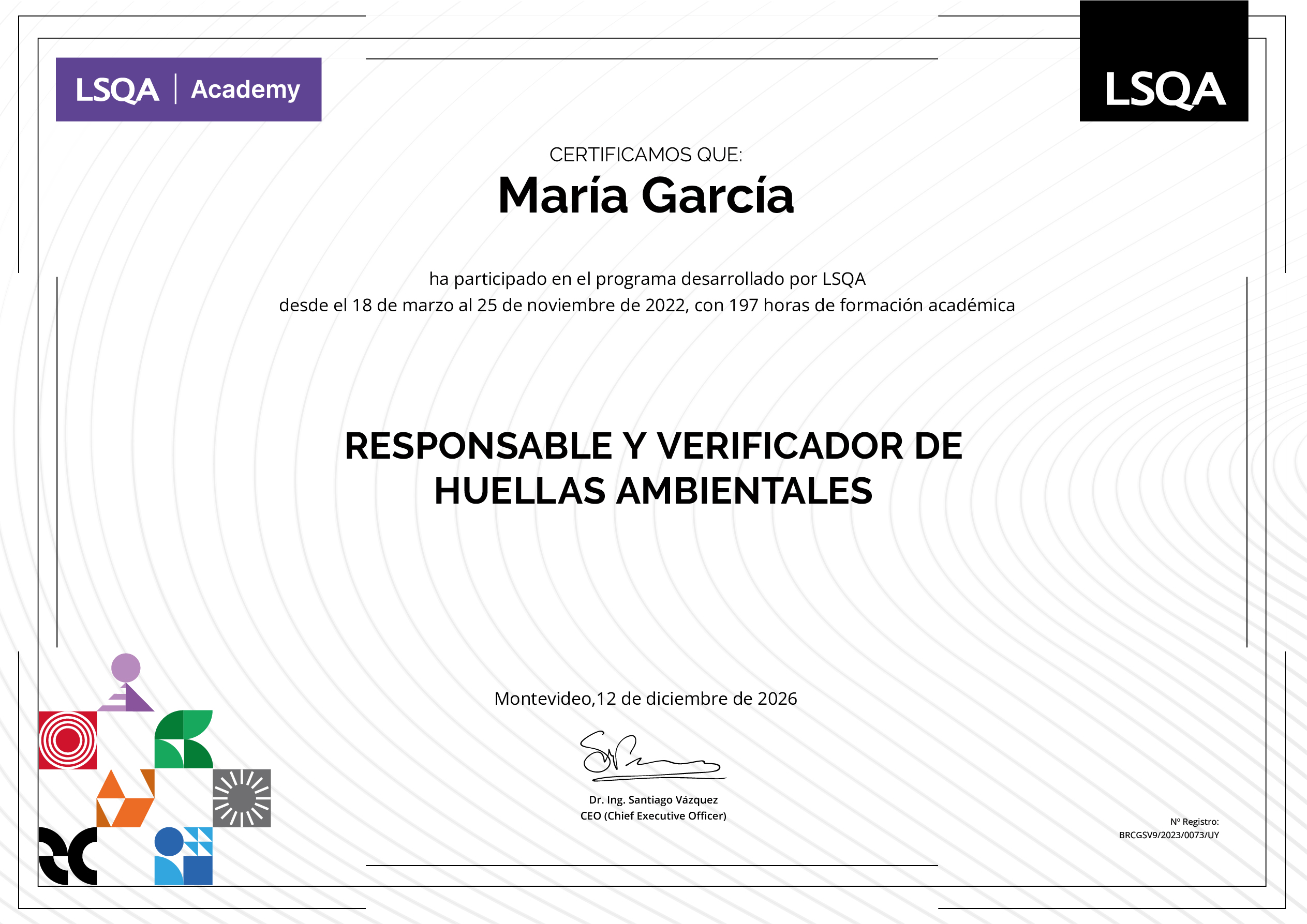 Certificado de asistencia al Programa de Gestión de Huellas Ambientales y formación de Verificadores de Huellas Ambientales emitido por LSQA.