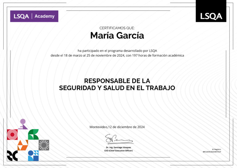 Certificado de asistencia al Programa Responsable de SST emitido por LSQA