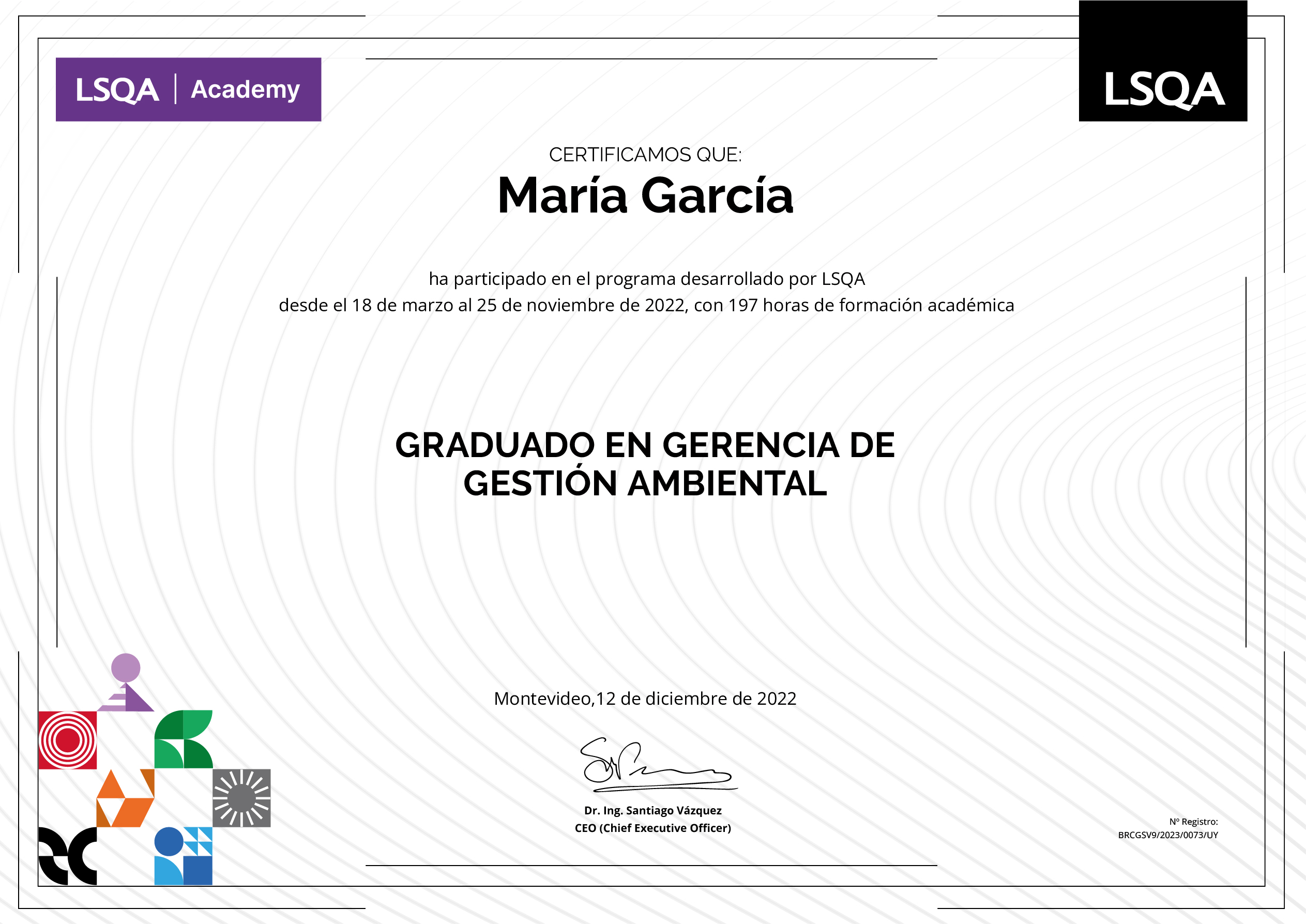 Certificado de asistencia al Programa Responsable de Gestión Ambiental emitido por LSQA